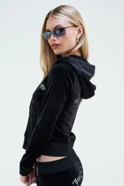 Juicy Couture BLACK ARCH EMBROIDERED ZIP THROUGH CLASSIC VELOUR HOODIE -Juicy Couture 070RECARCHEDMETALLICLAYLAPANT JCBBJ223810 101 BLACK 0077