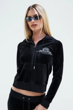 Juicy Couture BLACK ARCH EMBROIDERED ZIP THROUGH CLASSIC VELOUR HOODIE